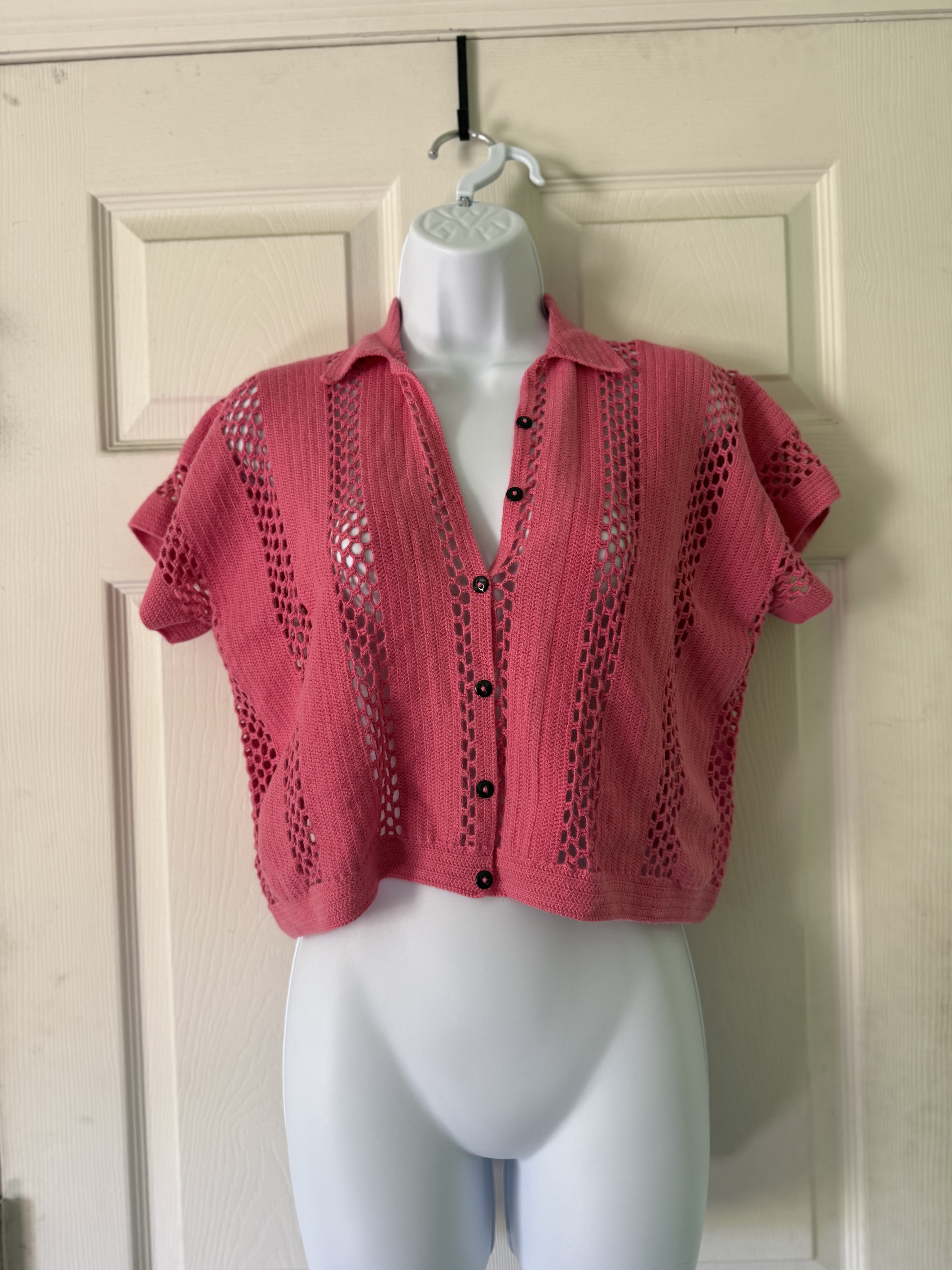 Crochet Pink Button Up Collared Shirt
